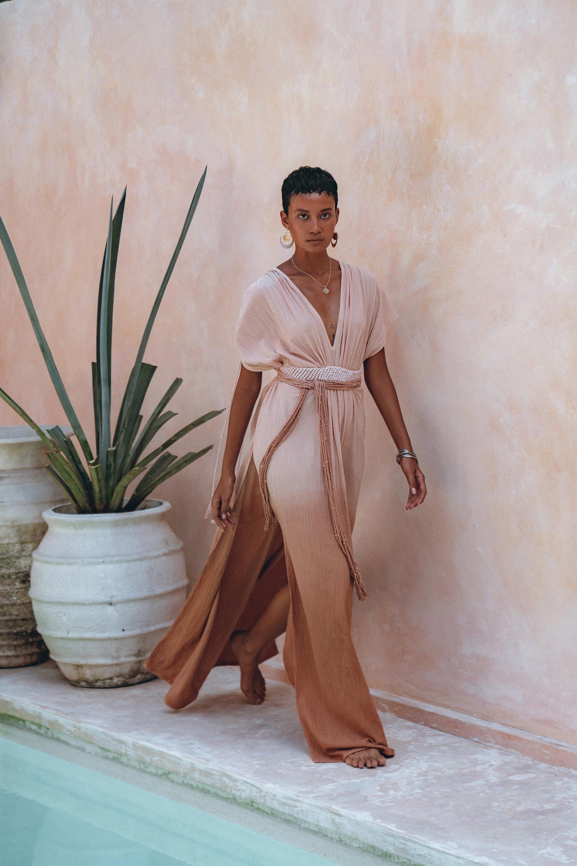 Bohemian Dusty Pink Ombre Dress • Boho High Slit Belted Dress • Greek Goddess Dress • Organic Bridesmaid Dress • Handmade Macrame Dress