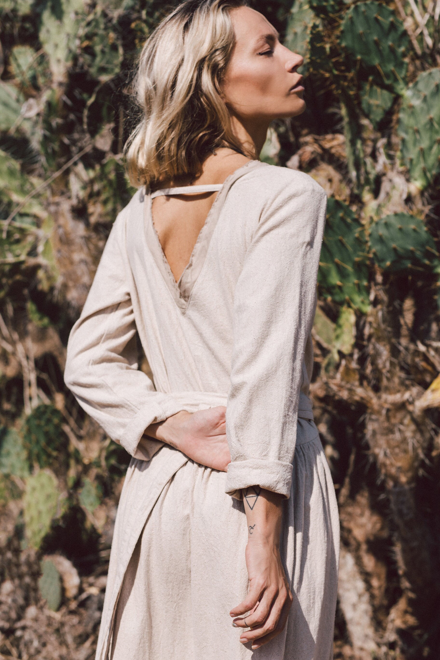 long sleeve white linen dress