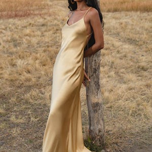 Gold Silk Maxi Dress • Deep V-Neck Long Dress • Backless Bridesmaid & Evening Gown image 10