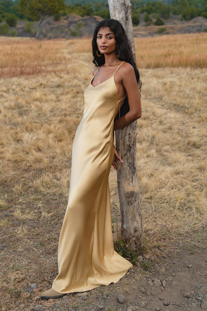 Gold Silk Maxi Dress • Deep V-Neck Long Dress • Backless Bridesmaid & Evening Gown image 10