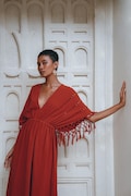 Organic Deep Red Maxi Dress Boho V Neck Kaftan Open Back Christmas Gown product logo