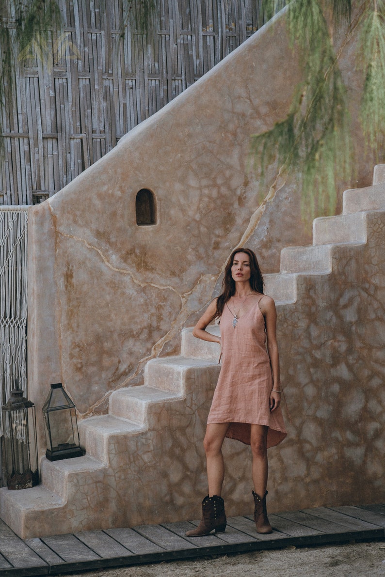 Pink Linen Mini Dress \u2022 Bohemian Slip Mini Dress \u2022 Organic Linen High Low Dress \u2022 Linen Open Back Mini Dress \u2022 Pink Low Back Slip Dress Mini
