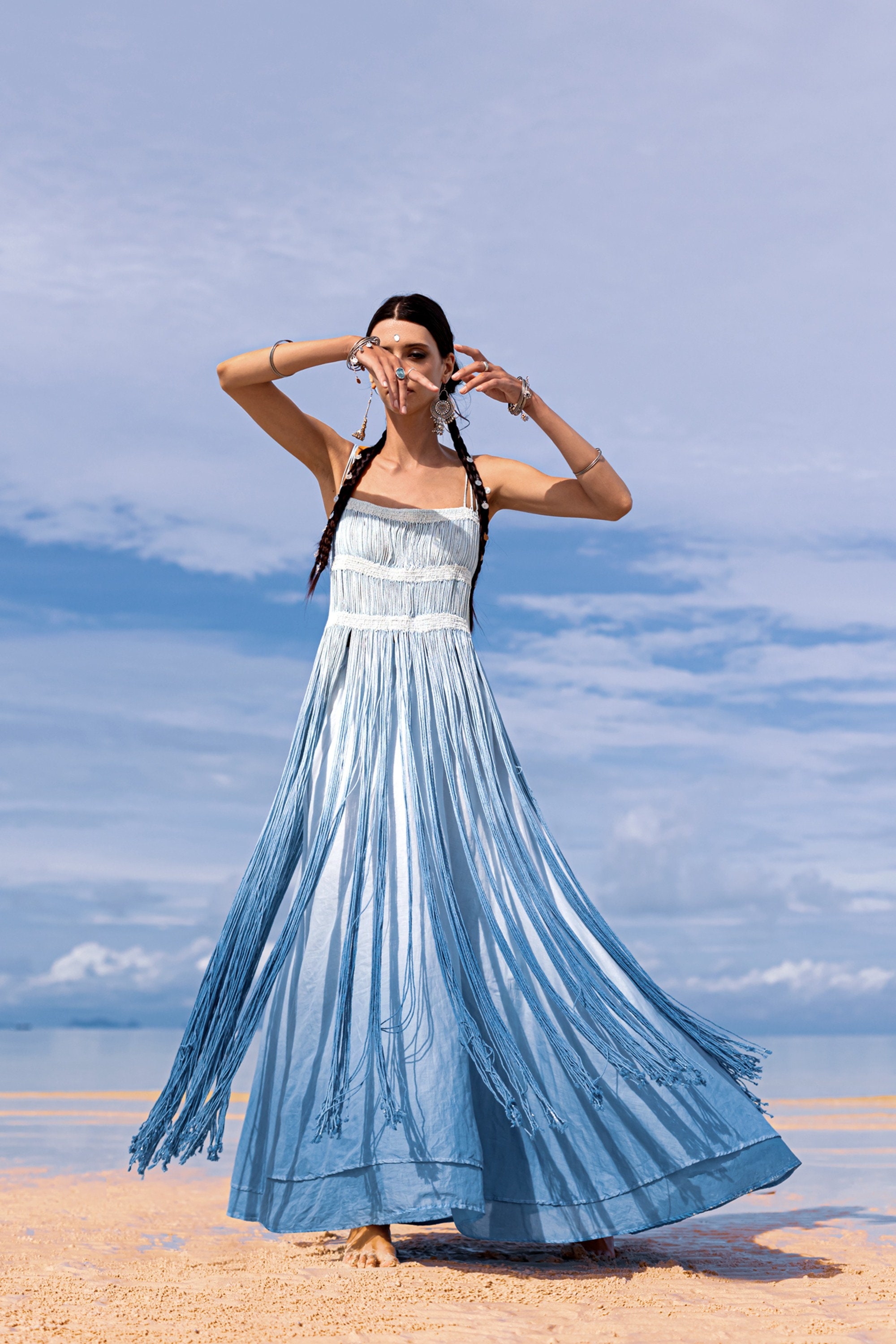 blue goddess dress Sky * Ombre Macrame Boho Wedding Guest Layer * Off Shoulder Sheer Color:small blue dot adding a hint of Style:MN1E207483 Decoding The Dress Code: