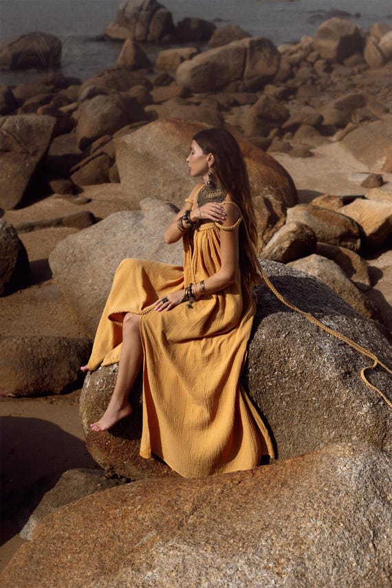 Yellow Gold Greek Goddess Prom Boho Dress XS