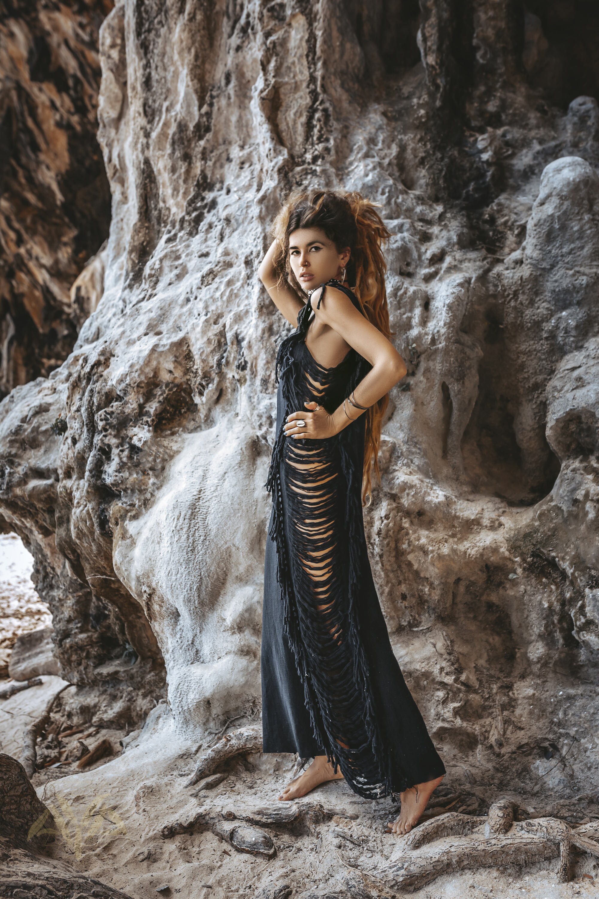 Black Boho Fringe Cotton Dress  Bohemian Ladder Side Maxi - Etsy