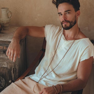 Off White Raw Cotton Shirt • Mens Loose Shirt • Short Sleeve Hippie Rave Top • Boho Frayed Edge T-Shirt • Bohemian Handmade Clothing for Men