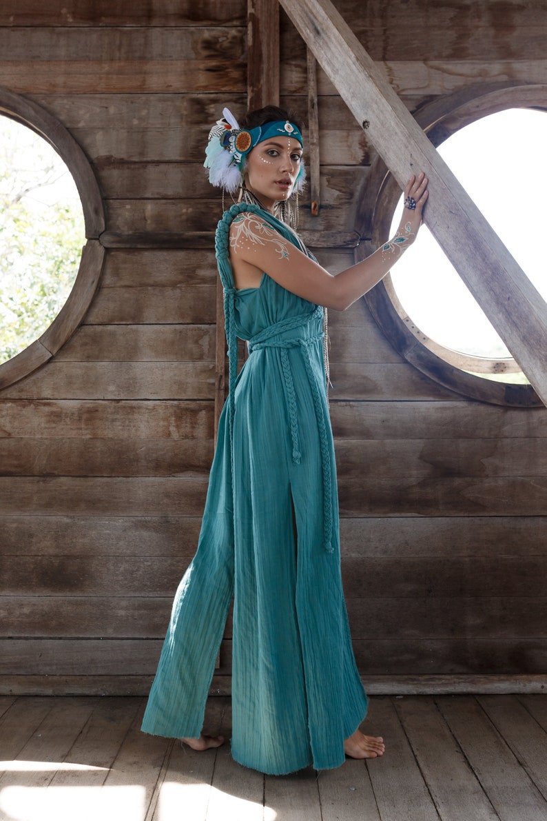 Leave a fashion statement with AYA's organic braided Green Turquoise dress. This incredibly unique, sustainable and adjustable dress for all sizes will make you look and feel like a goddess at any special occasion.