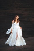 Off-White Makosh Dress • Organic Goddess Wrap Dress • Silk & Cotton Wedding Guest Dress • Wing Sleeves High Slit Maxi Dress product logo
