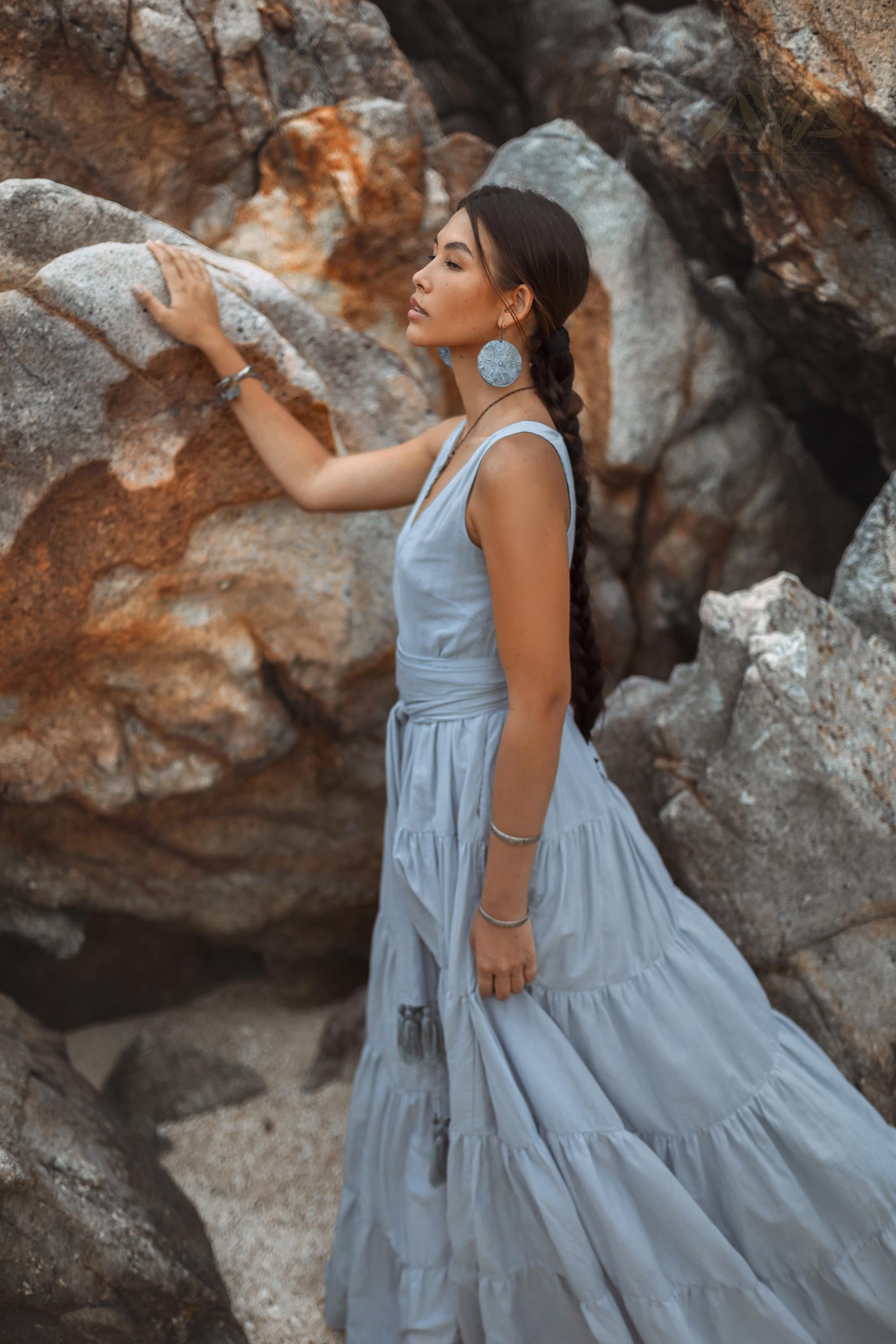 blue dress for baby girl Dusty Blue One Shoulder Chiffon Long Boho Pleated Bridesmaid Dress Dusty Blue / 8 main image 1