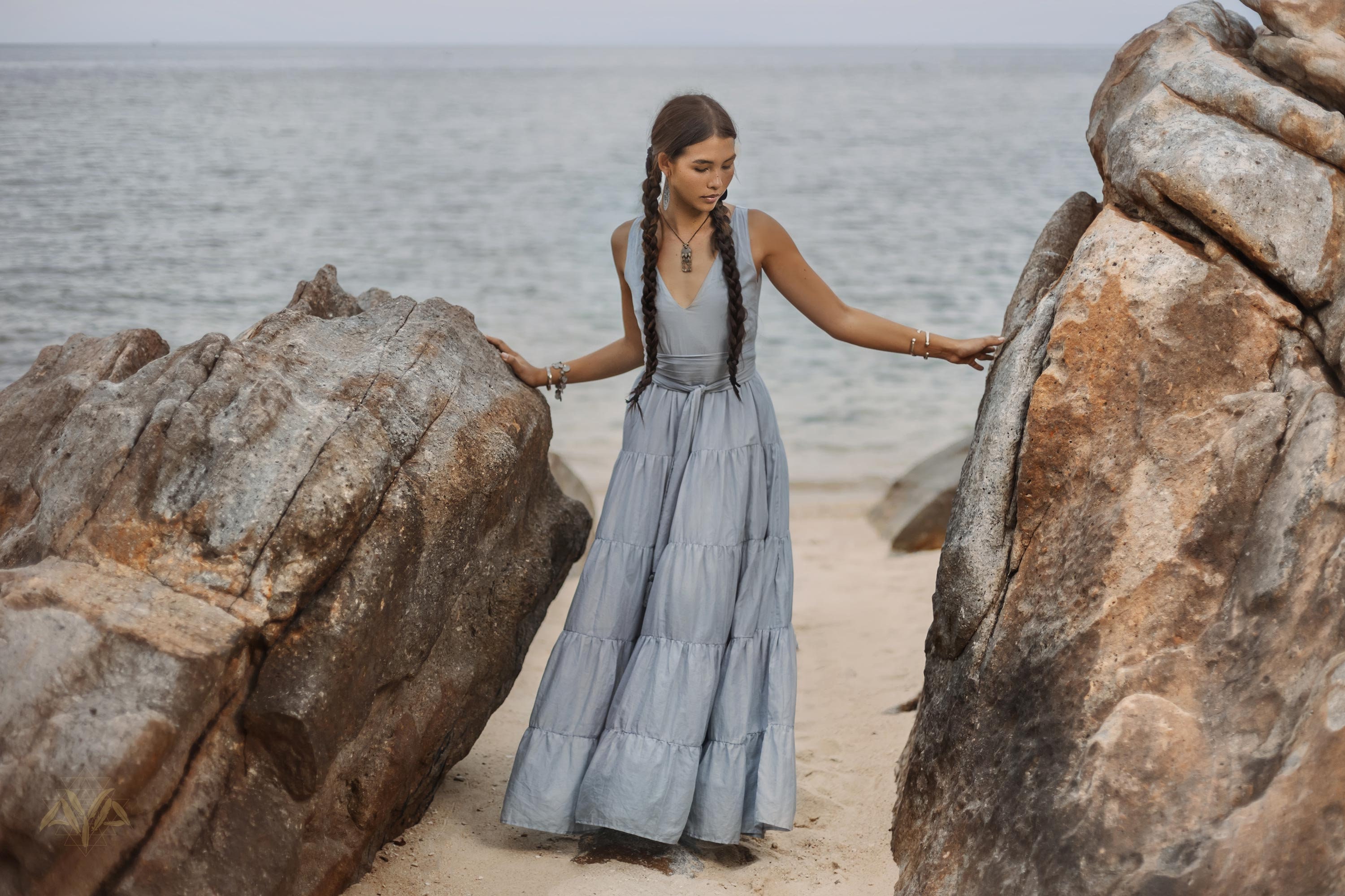 Dusty Blue Dress * Boho Vintage Bridesmaid * Ethereal Maxi * Open Back Sleeveless Plus Size Dusty Blue Dress * Boho Vintage Bridesmaid * Ethereal Maxi * Open Back Sleeveless Plus Size
