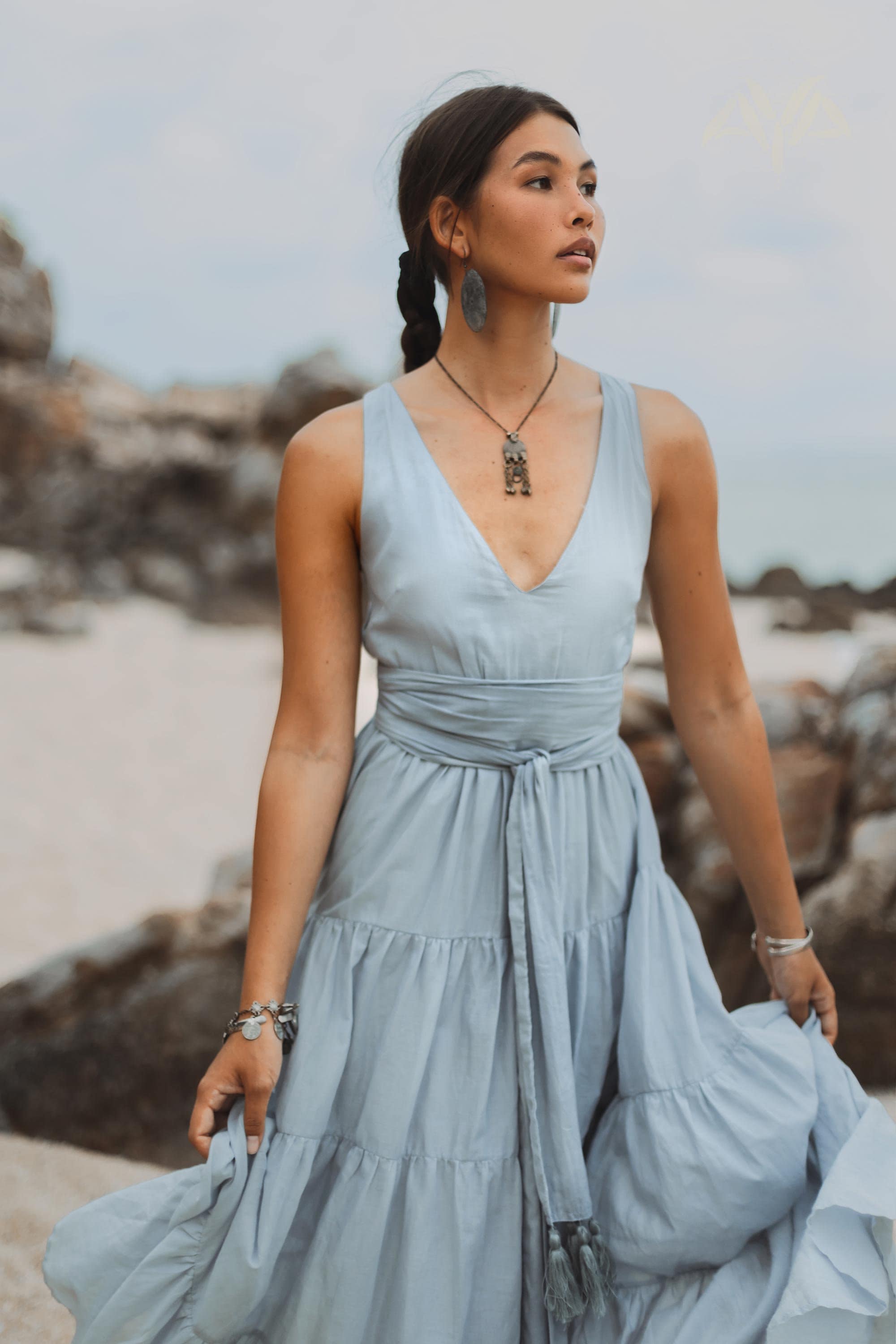 Dusty Blue Dress * Boho Vintage Bridesmaid * Ethereal Maxi * Open Back Sleeveless Plus Size