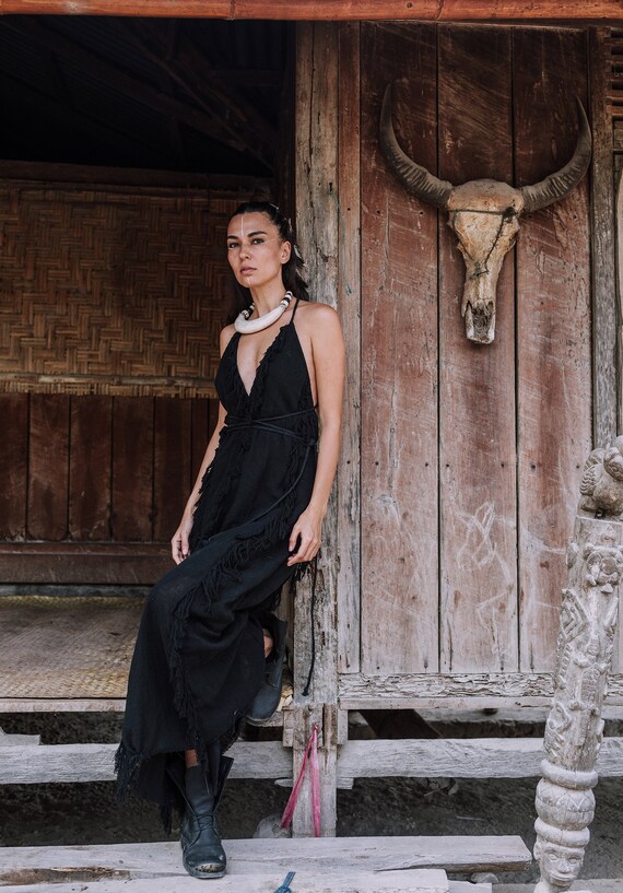 Black Sexy Maxi Dress Bohemian Goddess Dress Boho Goddes Dress Gothic Bridesmaid Dress Tribal Festival Dress Tassels Maxi Dress Etsy UK