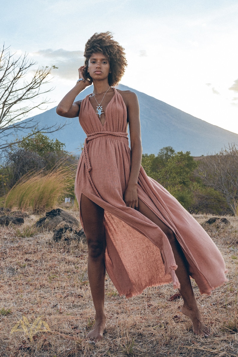 Find the perfect Goddess Dress for your special day – unique and hand-crafted in beautiful dusty rose organic cotton.