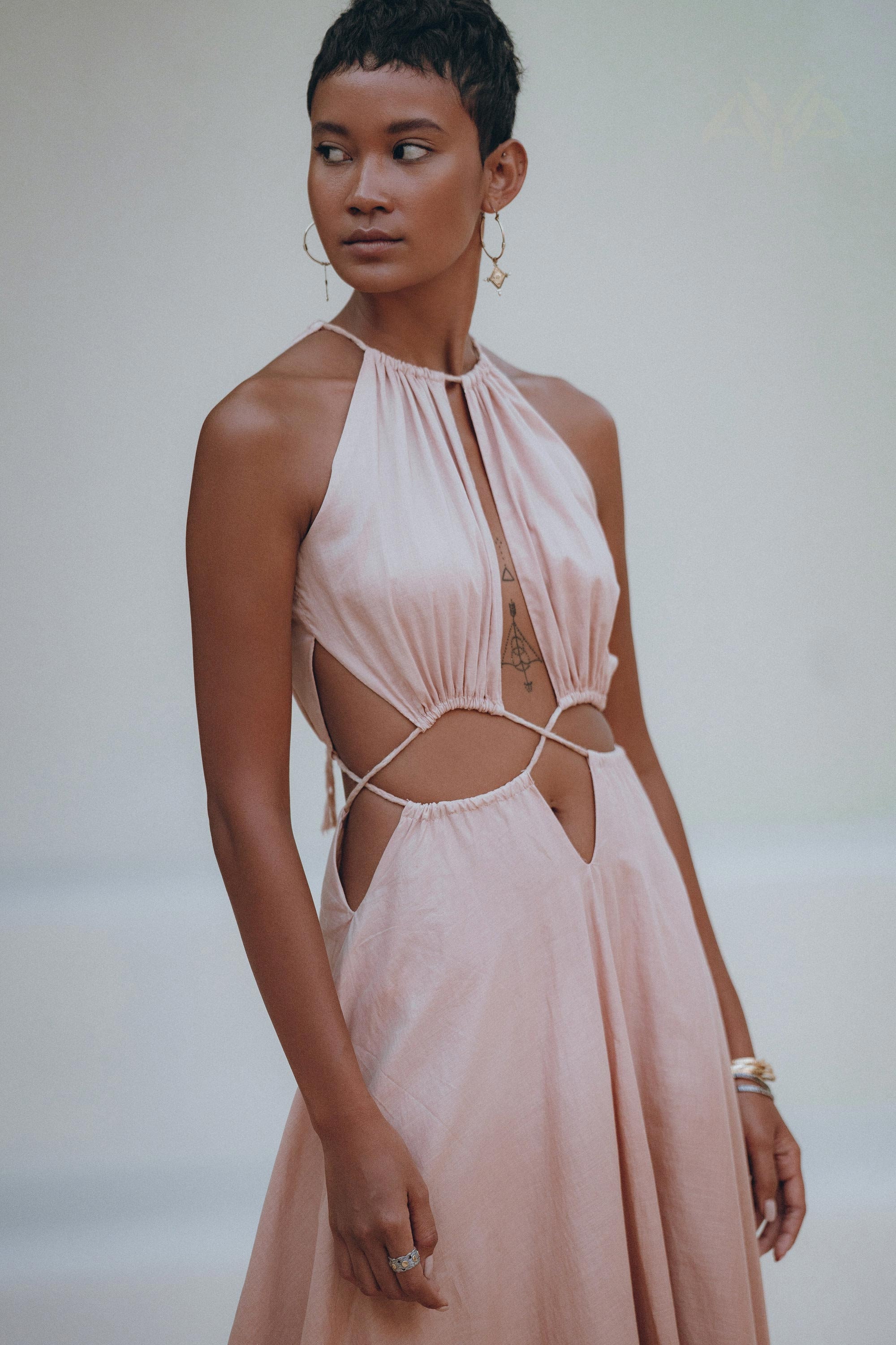 boho dusty pink dress Dusty Pink Cotton Wedding Dress Bohemian Open Back Maxi Greek Goddess Gown Bohemian Bridesmaid Dress