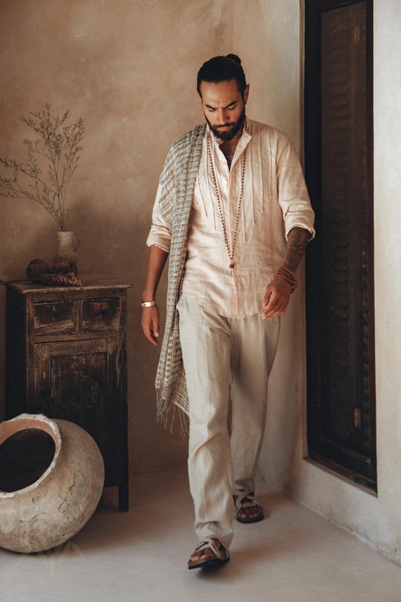 Mens collarless linen shirt cheap
