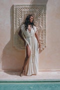 Bohemian Beach Wedding Gown, Deep V Slit Maxi, Greek Goddess Maxi, Bridal Photoshoot Dress product logo