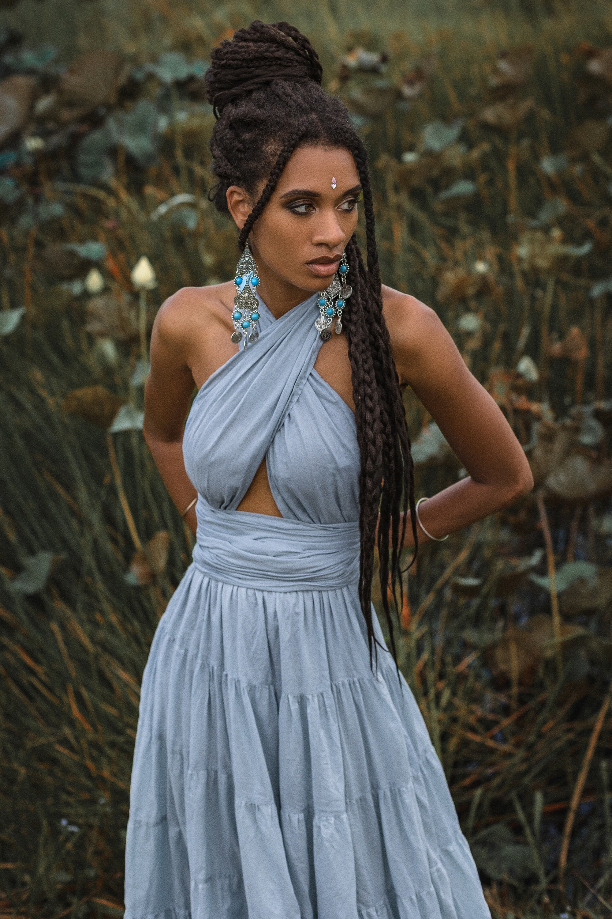 Light Blue Boho Maxi Dress , Multiway Goddess Gown , Sleeveless Wedding Guest , Open Back Halter