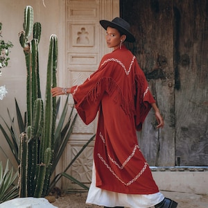 Red handwoven Bohemian Cardigan • Embroidered Cotton Kimono • Tribal Cover Up • Boho Plus Size Clothing • Handmade Tassel Sleeved Jacket