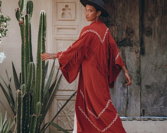 Red Handwoven Bohemian Cardigan • Embroidered Cotton Kimono • Tribal Cover Up • Handmade Tassel Sleeved