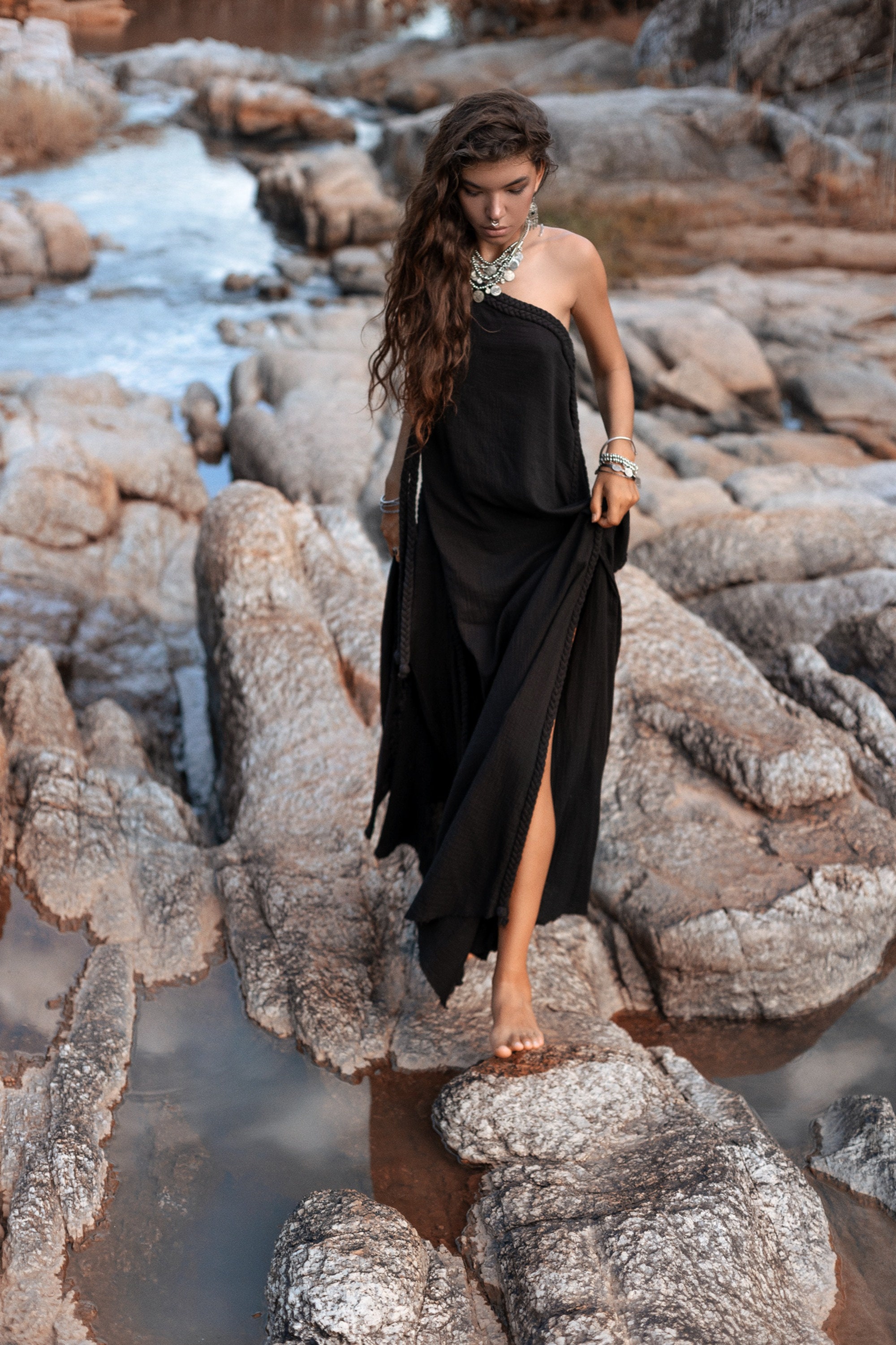 black toga dress Claudine Padded Ruched Satin Toga Top (Midnight Black)
