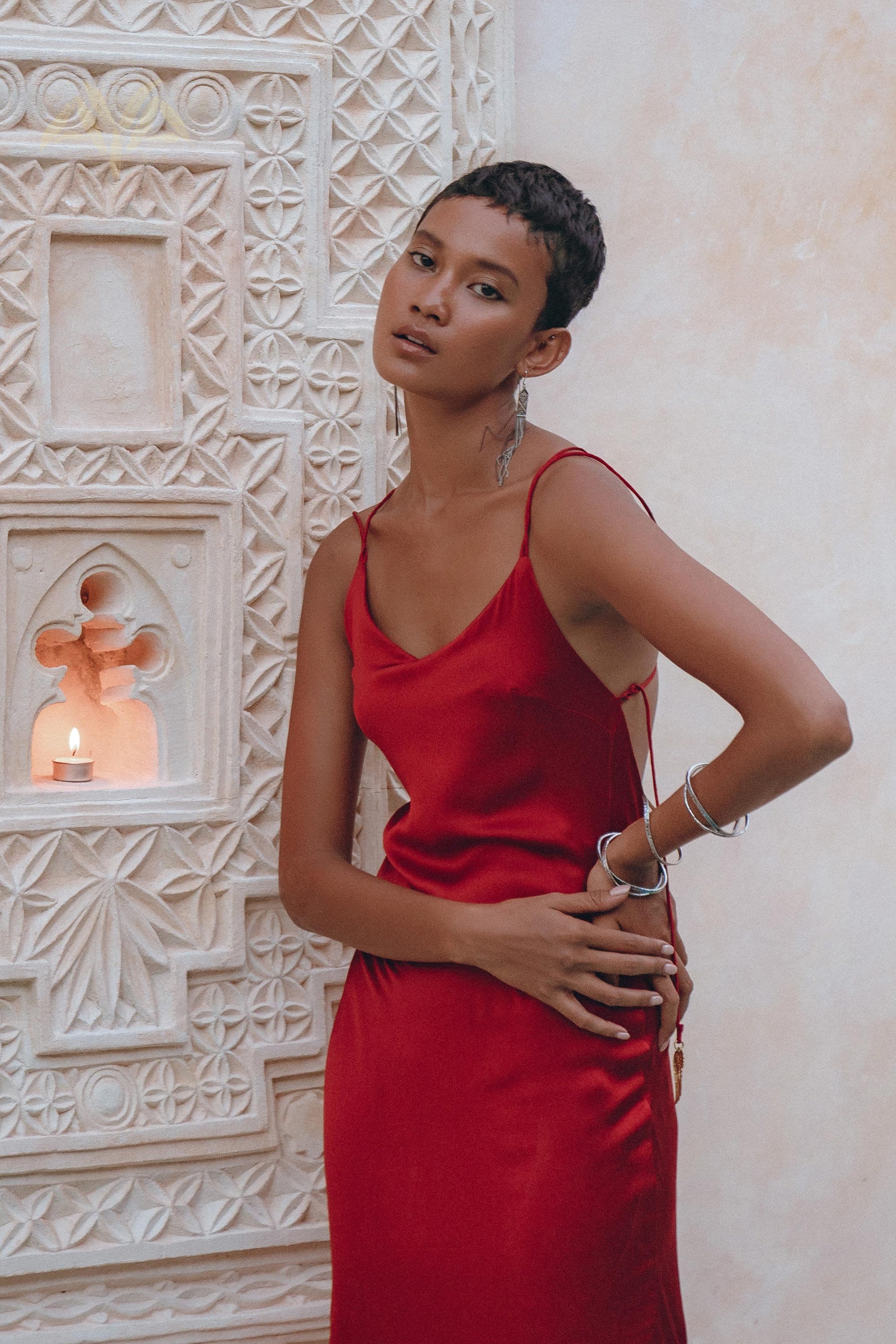 red silk dress Red Silk Maxi Dress Boho Ahimsa Gown • Open Back Halter Slip • Elegant  Evening Dress