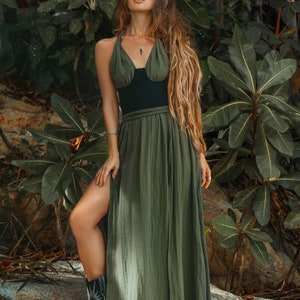 Stylish Bridesmaids Dress with Roman Braids - Make your bridesmaids a statement look with this chic, handmade olive green dress with detailed braid and a comfortable fit.