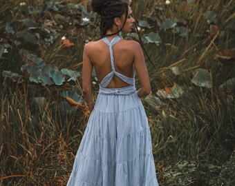 knee length dresses for ladies Kid Girl Ruffled Boho Casual Maxi Dress with Pockets Blue main image 0
