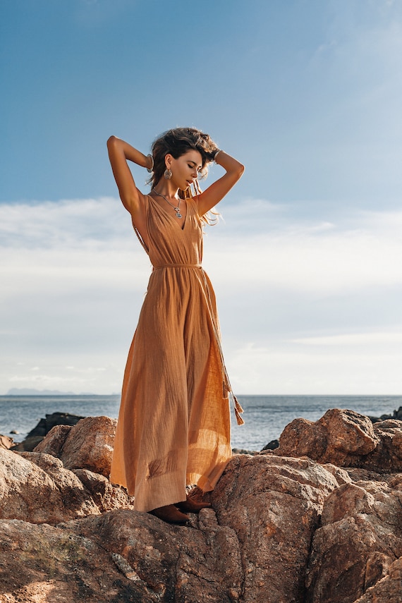 beach casual wedding guest dresses Beige Goddess Dress * Bohemian * Boho Bridesmaid Tan Tropical Open Back Belt Size:39 edit-sunshine-knits ALEJANDRA Strapless 3D Floral