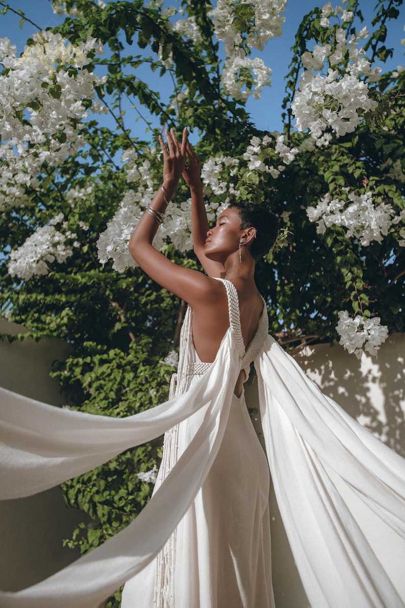 Boho Beach Wedding Dress • Goddess Dress • Belted Macramé Dress • Off-White Prom Maxi Dress • Infinity Floor Length Handmade Bohemian Dress 