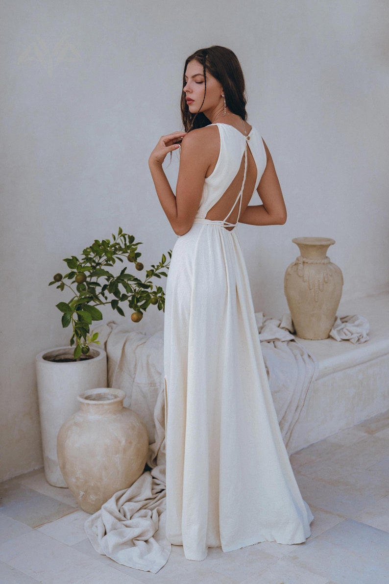 Off White Boho Bridal Dress Beach Wedding Dress Summer Gala Dress Open Back Wedding Dress Simple Wedding Dress Bohemian Maxi Dress image 6