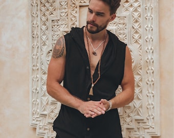 Black Hooded Vest  • Festival Casual Muscle Tank Top on Buttons  • Sleeveless Hoodie • Boho Mens Vest Waistcoat • Boho Organic Clothing Men