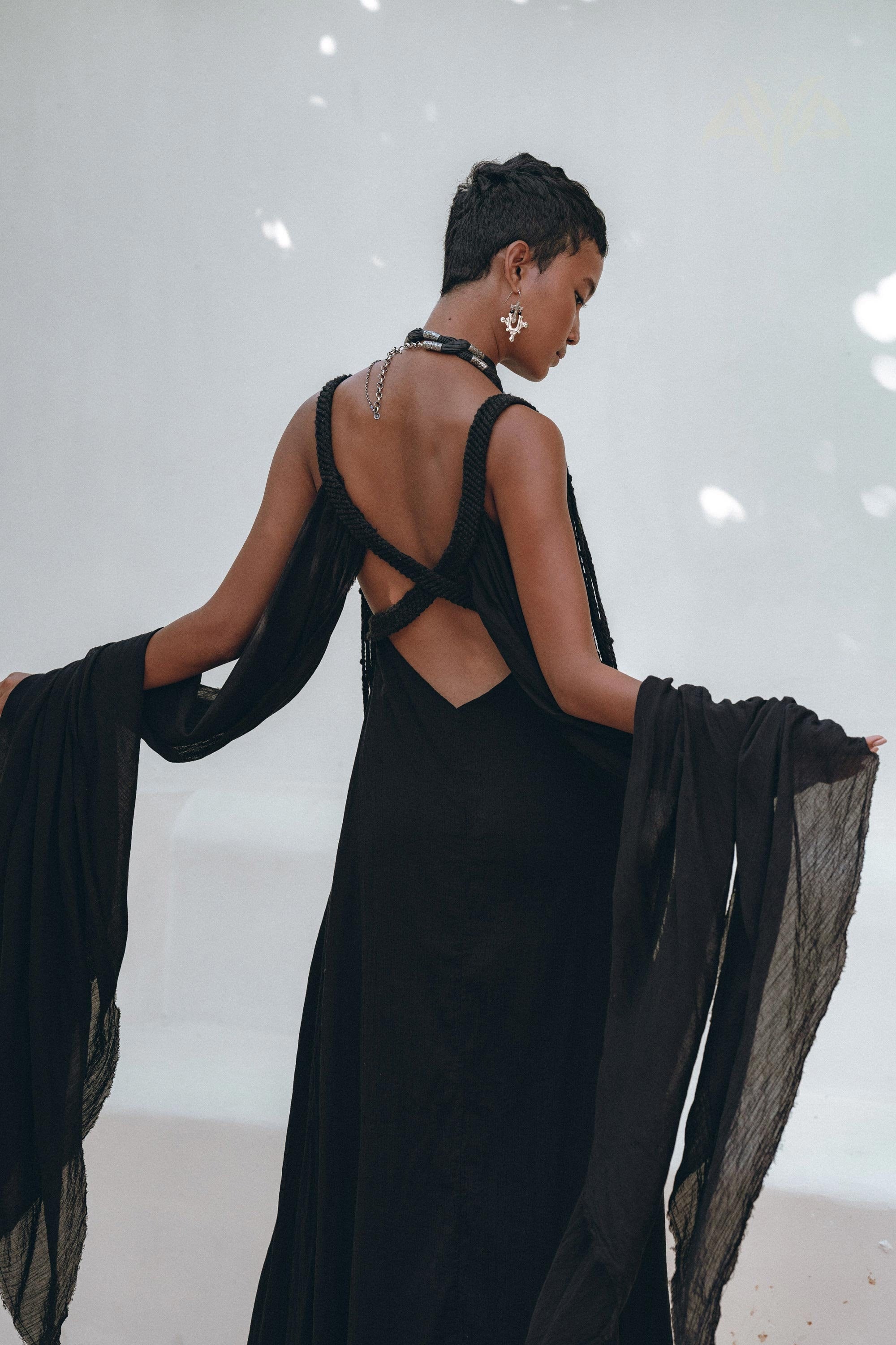 Black Goddess Dress • Elegant Formal Maxi Dress • Greek Macrame Belted Dress • Boho Crochet Ropes Dress • Wedding Guest Dress • Gothic Dress
