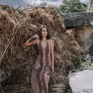 Brown Fringe Maxi Dress • Boho Tribal Dress • Organic Goddess Dress
