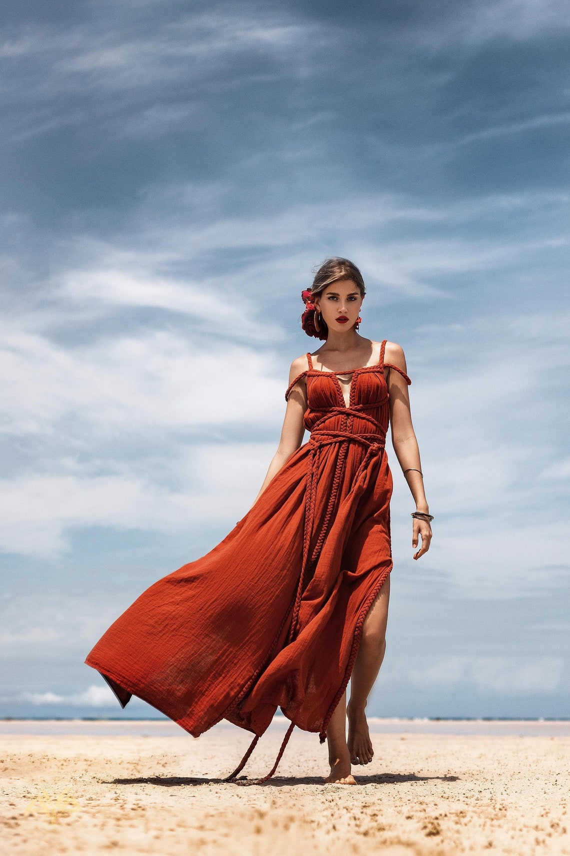Red Greek Goddess inspired dress-Look stunning in this handmade dress inspired by the Grecian look. Show off your uniqueness with this lightweight homespun dress.