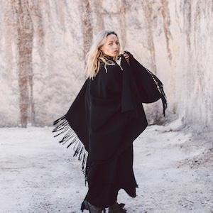 Black Priestess Bohemian Goddess Shawl • Long Tribal Scarf Wrap • Plus Size Eco-Friendly Poncho Cape • Handmade Kimono Robe Lounge Wear