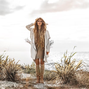 Look Fashionable & Feel Comfortable - Enjoy the coziness of organic materials in this Boho overcoat, kimono robe, hoody cardigan, belted wrap cardigan, white long coat, and high long jacket with belt hood.