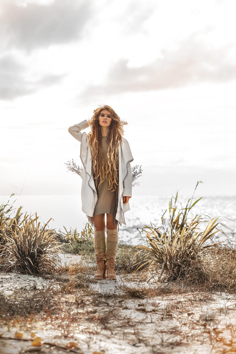 Look Fashionable & Feel Comfortable - Enjoy the coziness of organic materials in this Boho overcoat, kimono robe, hoody cardigan, belted wrap cardigan, white long coat, and high long jacket with belt hood.