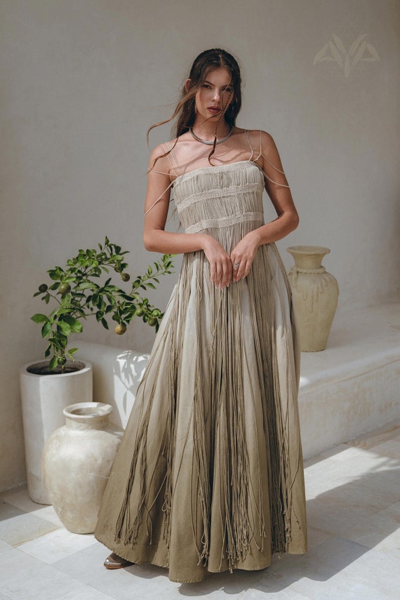 Sage Green Macrame Dress Ombre Greek Goddess Dress Boho off Shoulders Dress  Fairy Tale Dress Wedding Guest Dress See Through Dress 