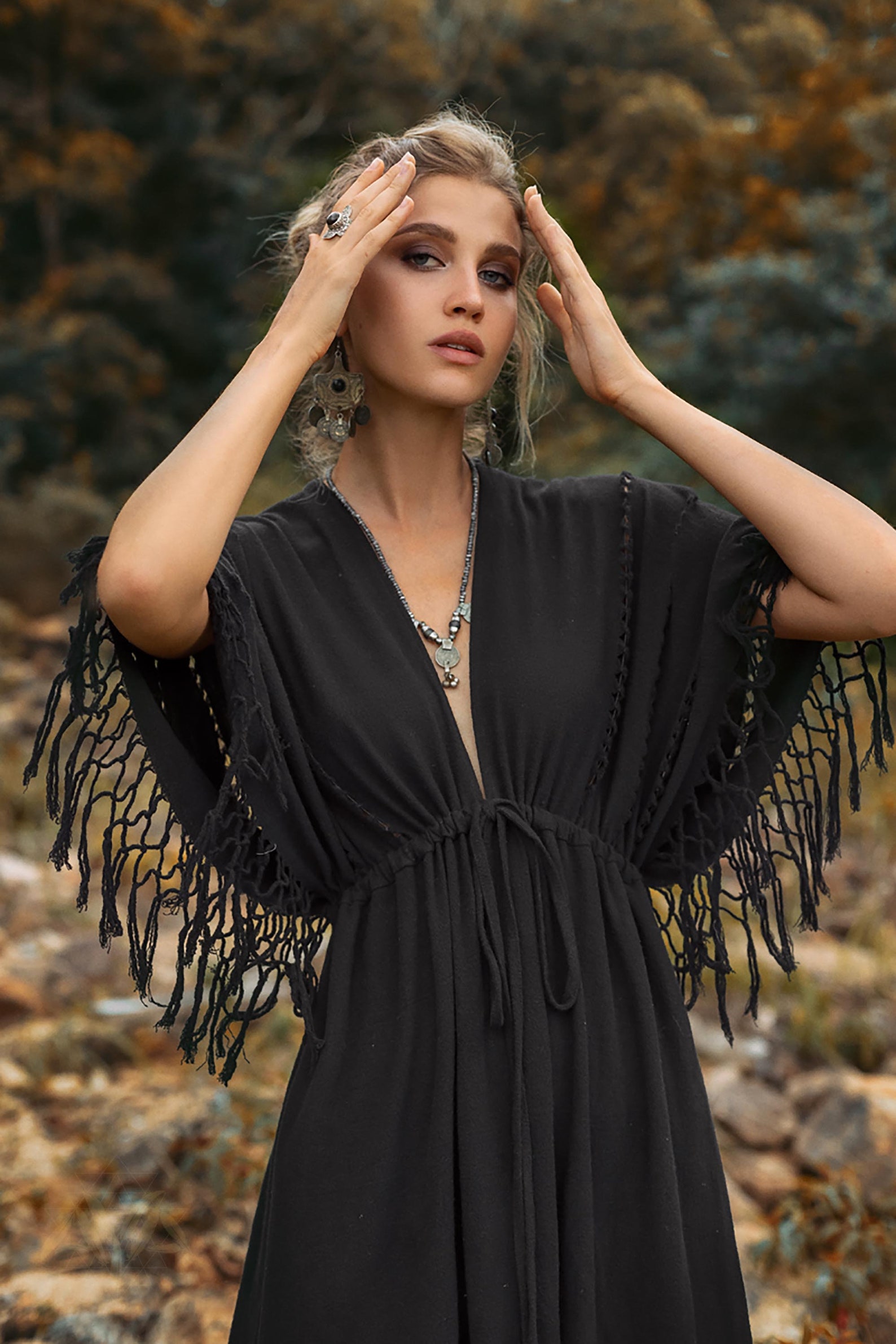 Black Cotton Kaftan Dress • Boho Fringe Sleeve Maxi • Gothic Evening — free download