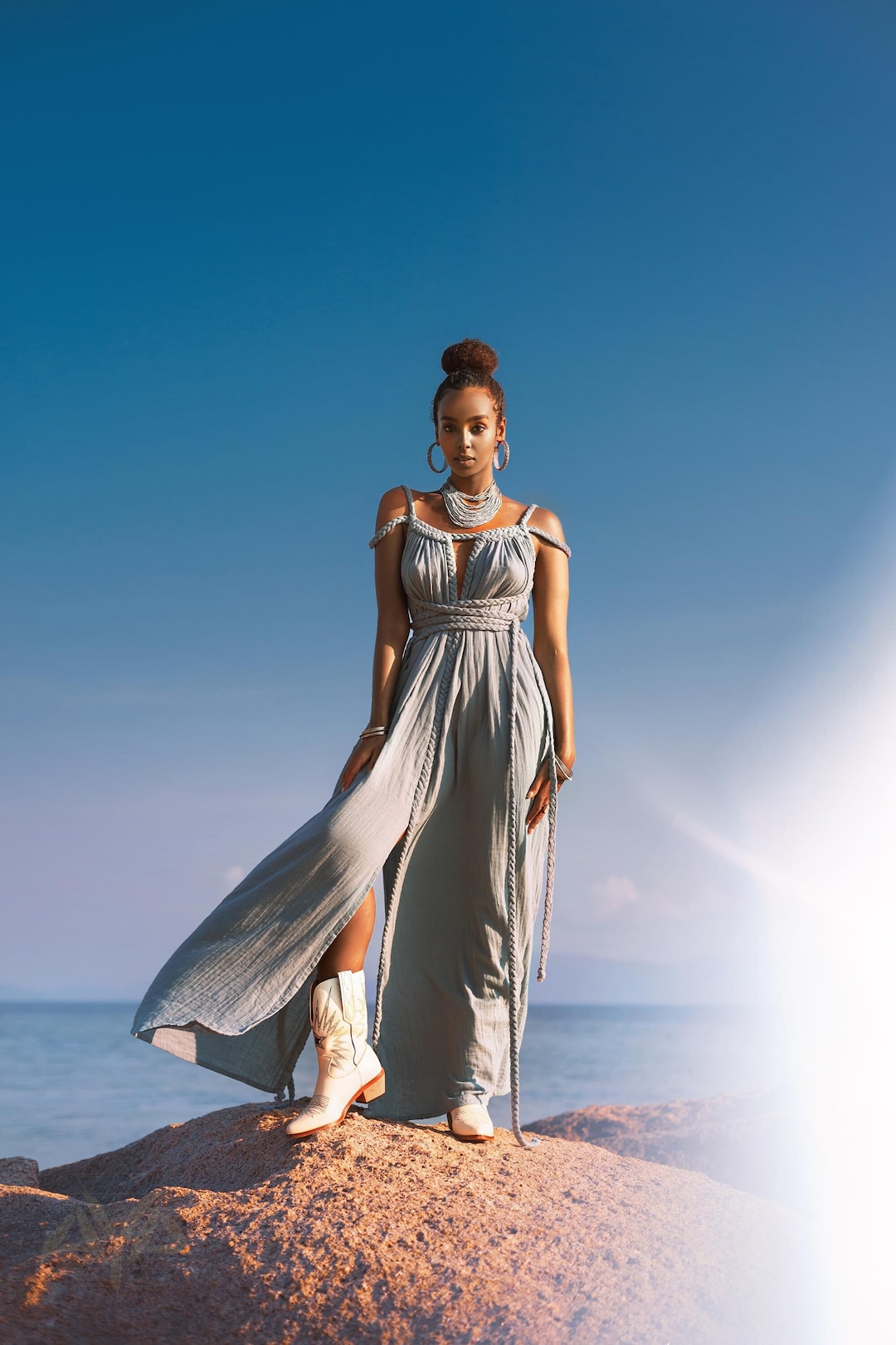 Sky Blue Greek Goddess Prom Boho Dress XS