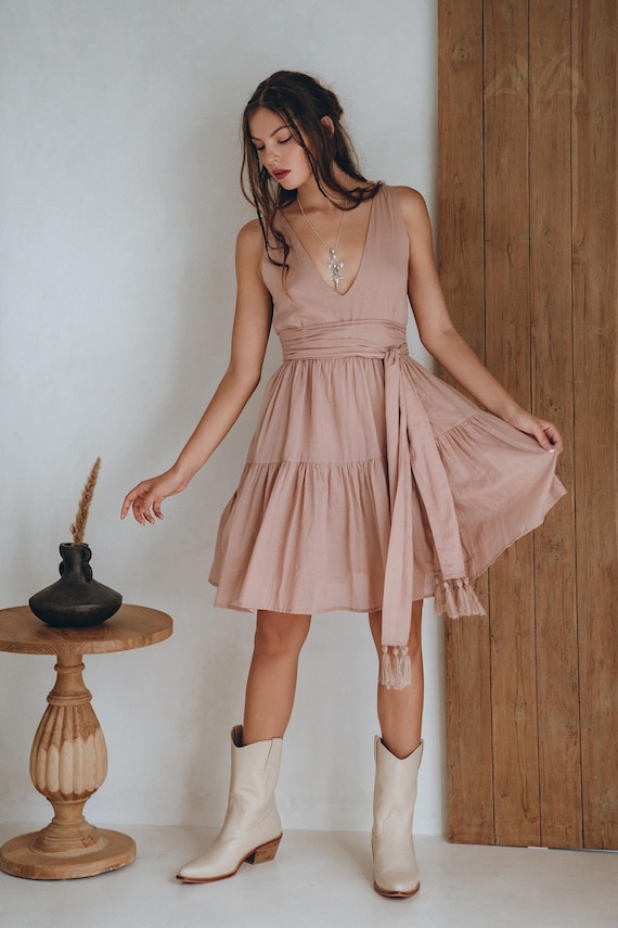 Dusty Pink Bohemian Dress • Boho Maternity Dress • A Line Belted