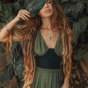 Coronate Your Bridesmaids in Green Goddess Gowns - Ancient Greek Goddesses inspired gown made of handwoven cotton and beautiful braid detailing.