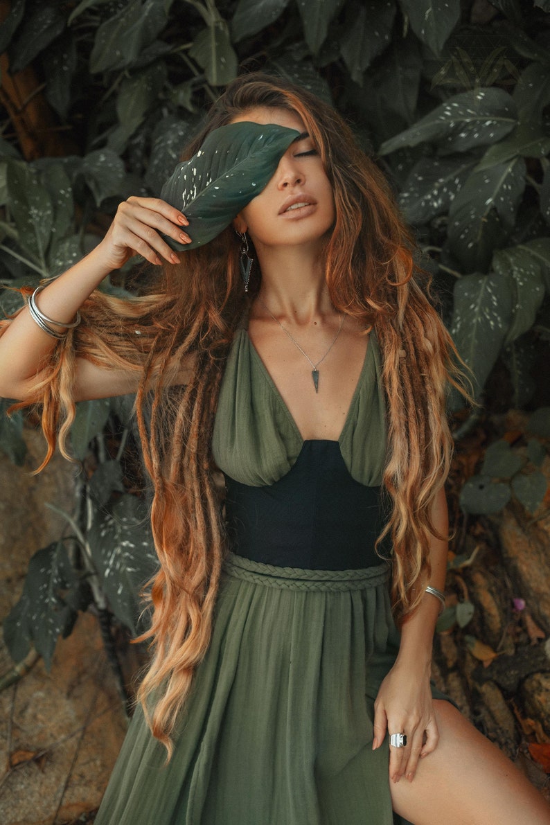 Coronate Your Bridesmaids in Green Goddess Gowns - Ancient Greek Goddesses inspired gown made of handwoven cotton and beautiful braid detailing.