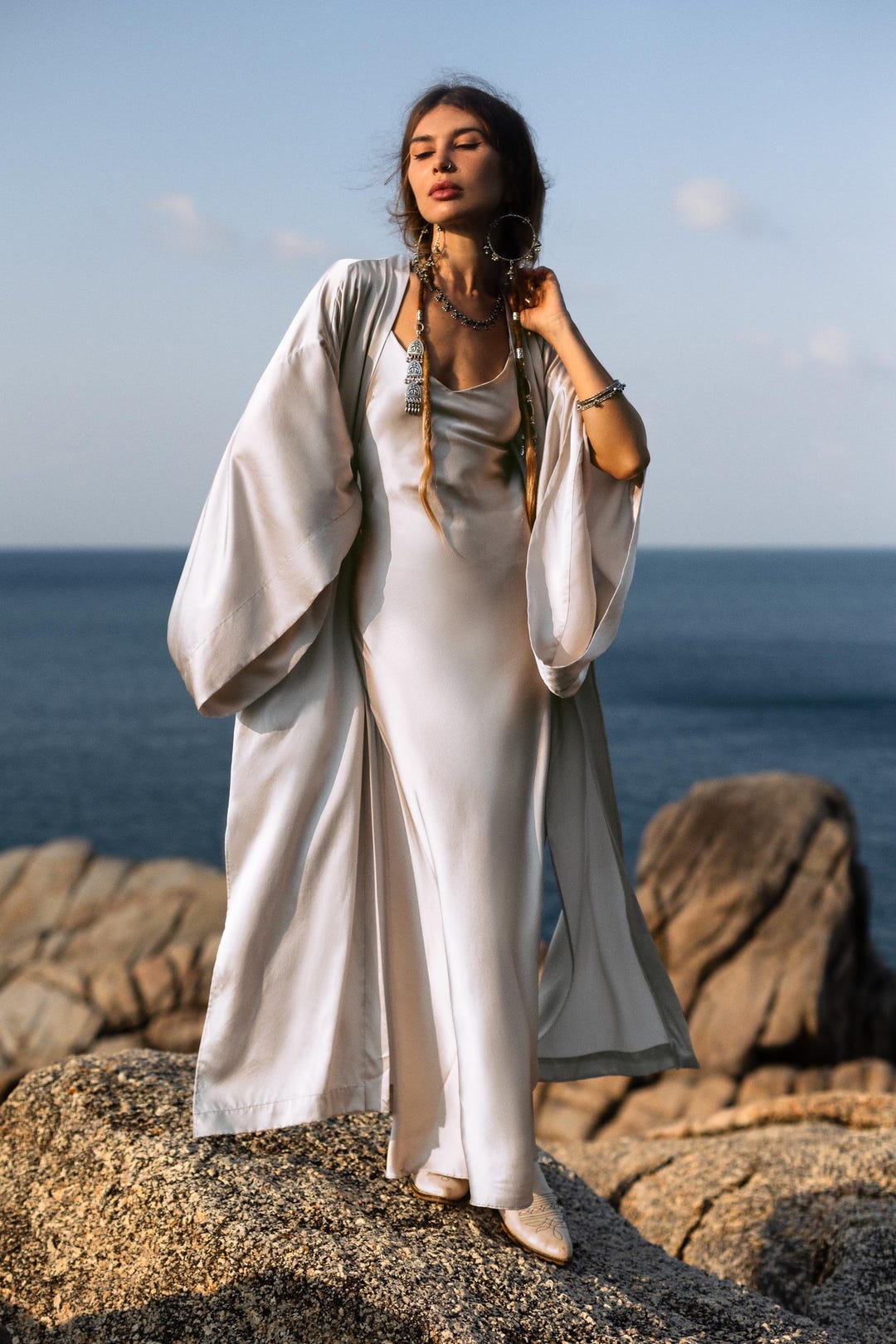 Peace Hope Robe Mist Blue Ahimsa Peace Silk Long Robe Kimono, Floor-length Maxi Boho ...