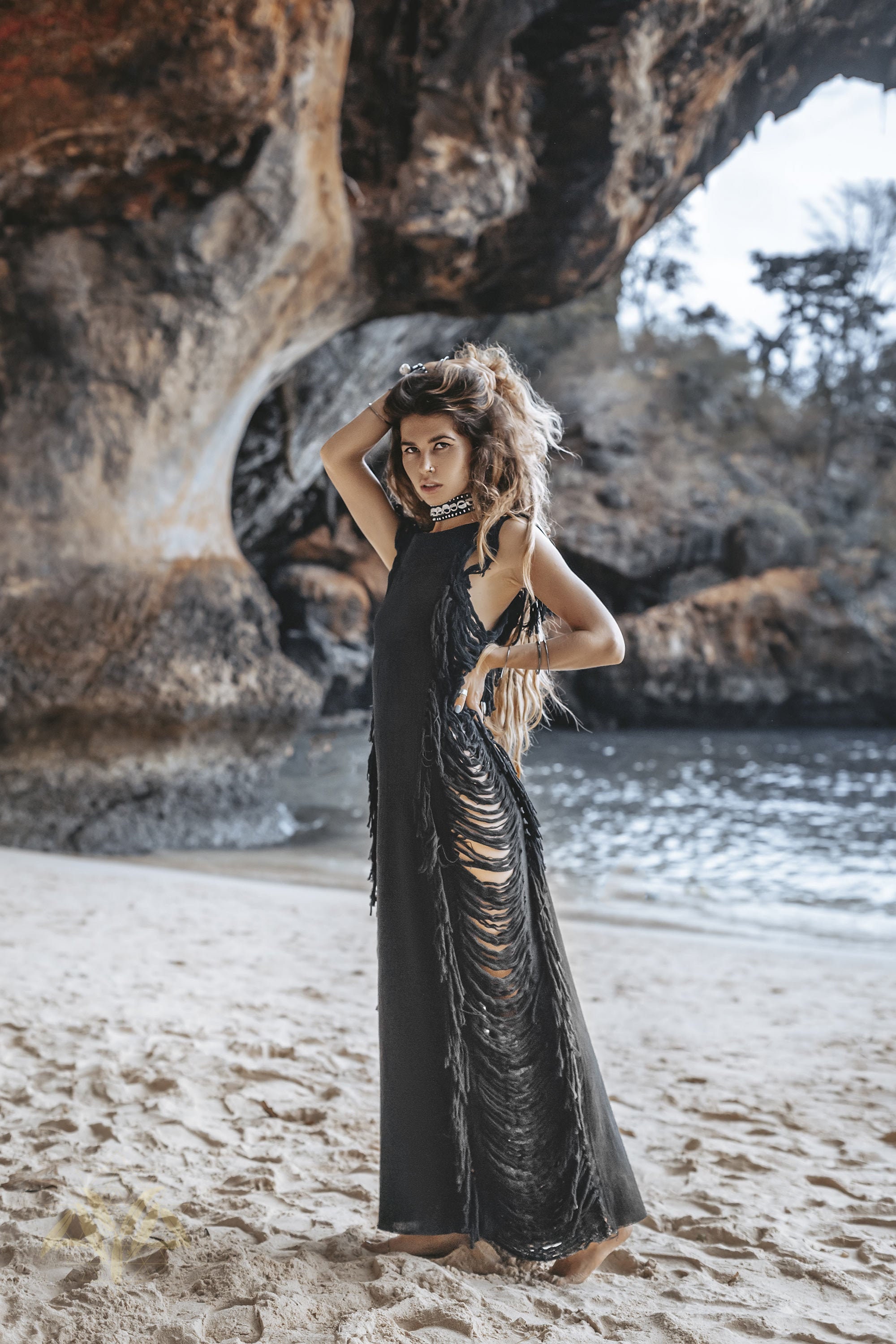 boho fringe maxi dress black product info and reviews Black Boho Fringe Cotton Dress • Bohemian Ladder Side Maxi