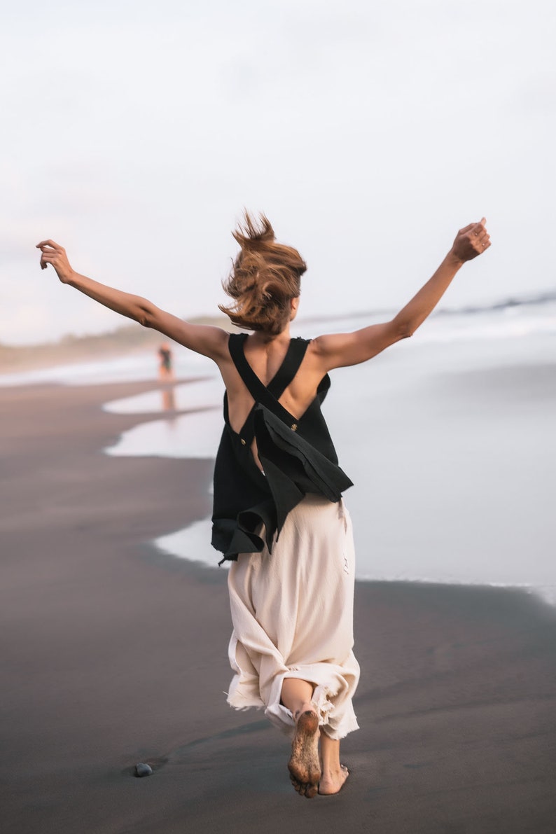 Black boho top for women \u2022 Organic linen tunic \u2022 Sleeveless blouse \u2022 Gypsy clothing tunic Black linen crop top \u2022 Flax backless top vest \u2022Aya