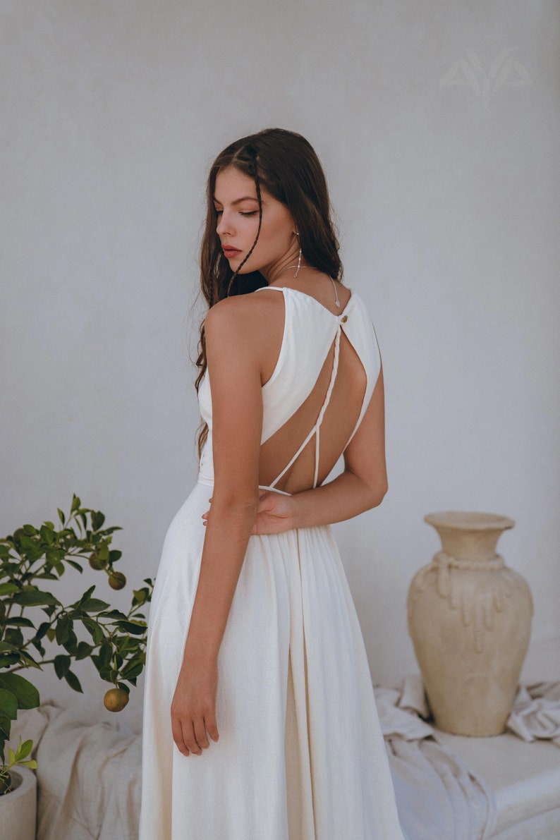 Off White Boho Bridal Dress Beach Wedding Dress Summer Gala Dress Open Back Wedding Dress Simple Wedding Dress Bohemian Maxi Dress image 8