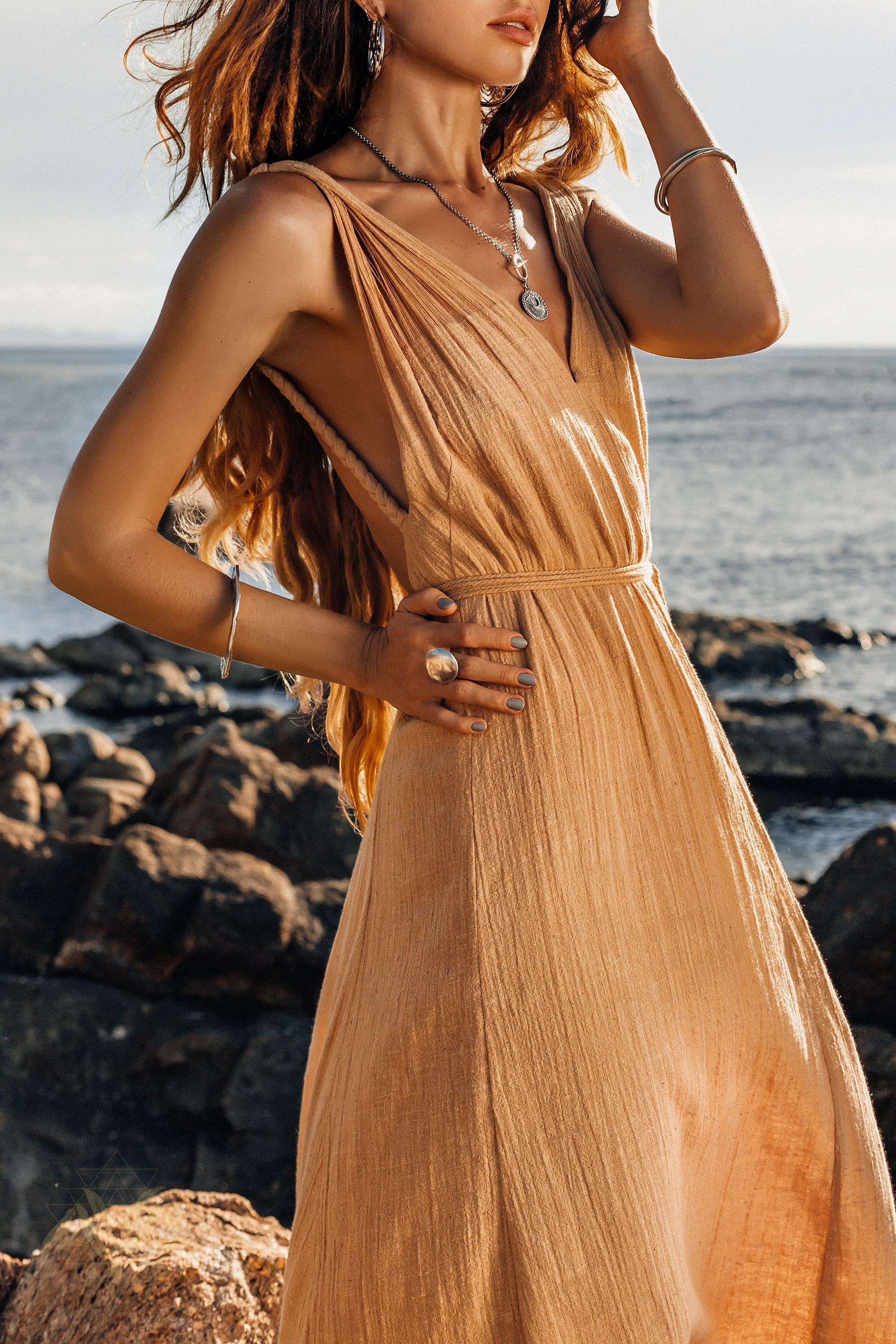 Boho Dress for Woman  Long Maxi Bohemian Dress  Beige Sandal Organic Dress XS