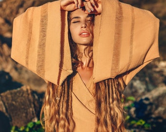 Kimono con mangas acampanadas en amarillo/beige • Blusa bohemia de verano • Festival natural • Chal bohemio orgánico