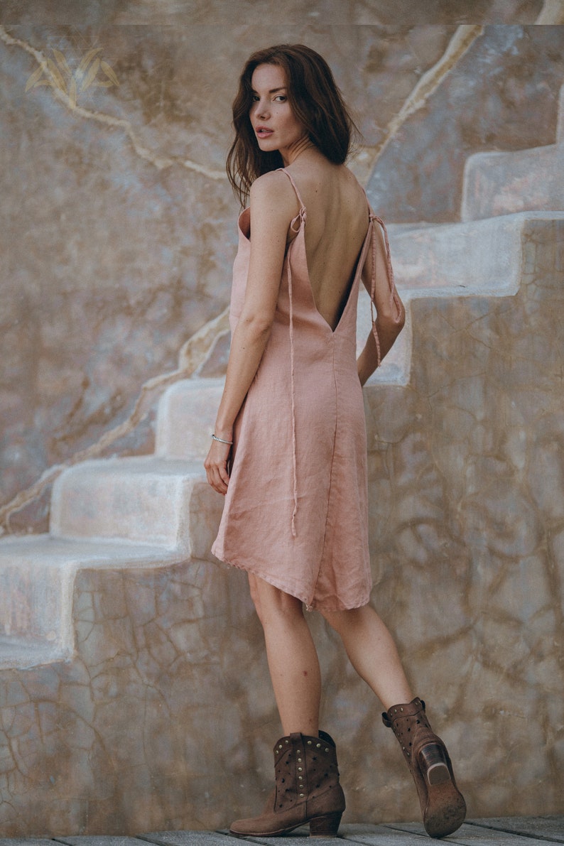 Pink Linen Mini Dress \u2022 Bohemian Slip Mini Dress \u2022 Organic Linen High Low Dress \u2022 Linen Open Back Mini Dress \u2022 Pink Low Back Slip Dress Mini